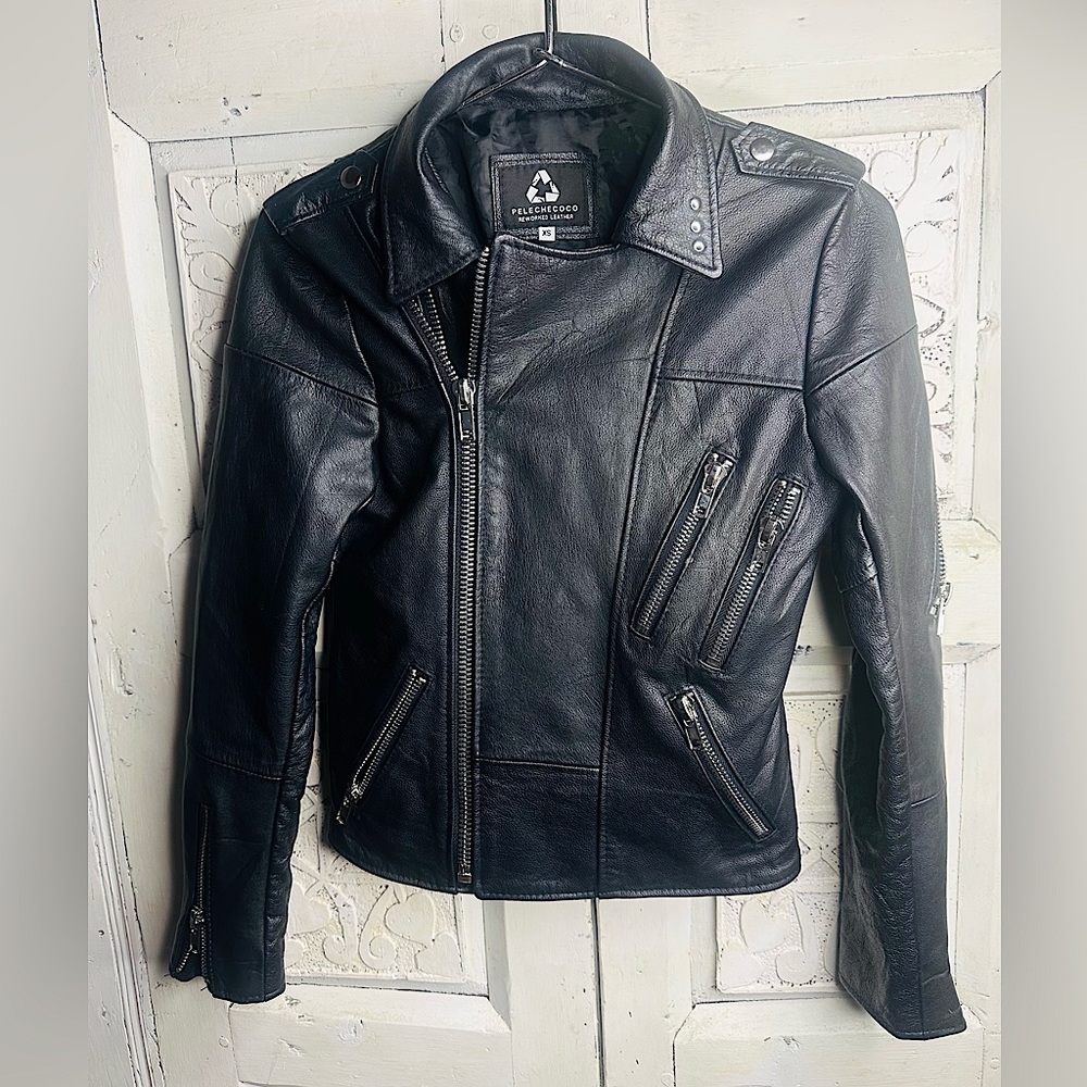 PELECHECOCO Reworked Leather Black Moto Biker Jacket XS